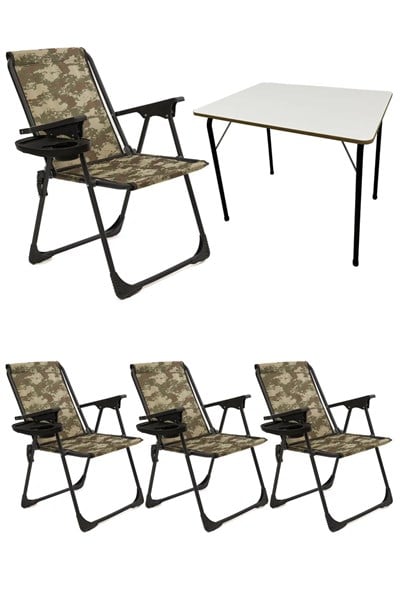 Natura 4 Adet Kamp Sandalyesi Piknik Sandalye Oval Bardaklıklı Kamuflaj + Katlanır MDF Masa