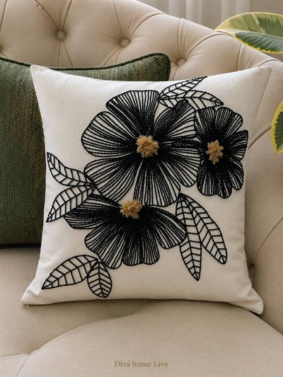 Diva Home- 2Li Çiçek Desenli Nakışlı Kırlent Kılıfı 45x45 cm Dekoratif Yastık Kılıfı
