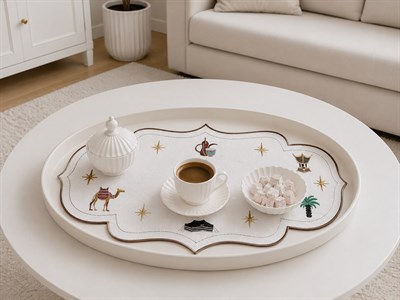 DİVA HOME Nakış İşlemli Dekoratif Tepsi İçi Servis Premium Kahve Sunum Örtüsü