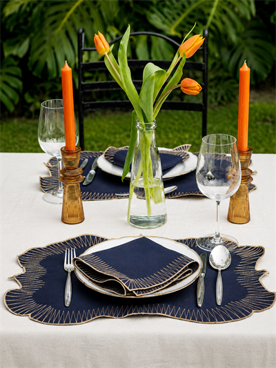 DİVA HOME Royal Gold Nakışlı Su İtici Amerikan Servis & Peçete Takımı 4 Parça Set  