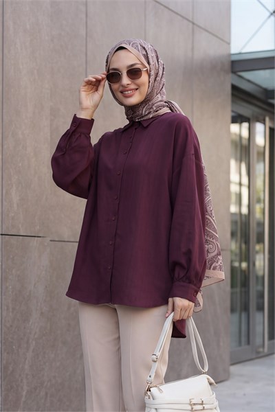 Arkası Uzun Oval Kesim Düğmeli Oversize Gömlek -Mürdüm