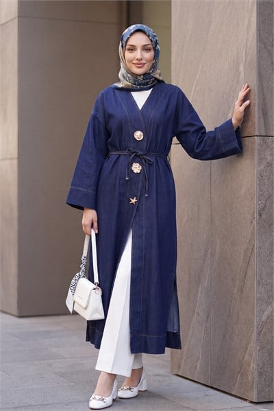Beli Bağcıklı Broşlu Yırtmaçlı Uzun Kot Kimono -Koyu Lacivert