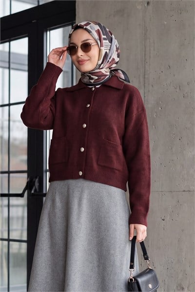 Çift Cepli Gömlek Yaka Düğmeli Yumoş Triko Hırka -Bordo