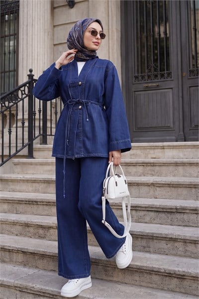 Düğmeli Kemerli Bol Paça Pantolonlu Kot Kimono Takım -Lacivert