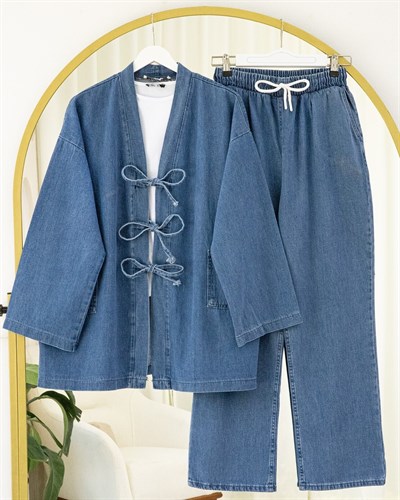 Önü Bağlamalı Cepli Pantolonlu Kot Kimono Takım   -Koyu Mavi