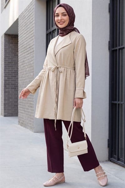 Yan Bağcıklı Kol Manşeti Yırtmaçlı Kimono -Bej