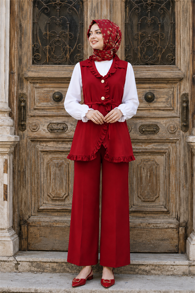 Fırfırlı Düğmeli Yelek Pantolon İkili Takım - Kırmızı