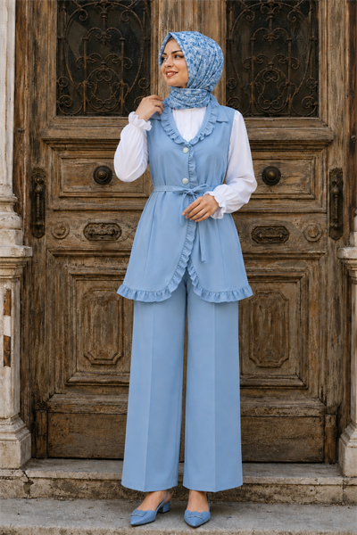 Fırfırlı Düğmeli Yelek Pantolon İkili Takım - Mavi
