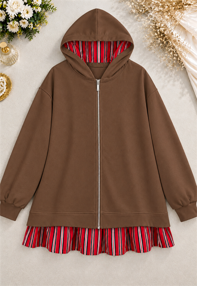 Zip-Up Kapşonlu Fermuarlı Çizgi Detaylı Oysho Sweat - Kahve