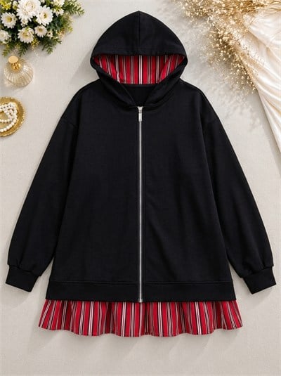 Zip-Up Kapşonlu Fermuarlı Çizgi Detaylı Oysho Sweat - Siyah