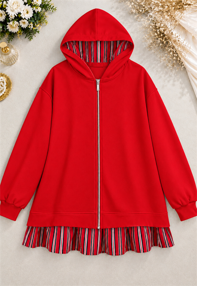 Zip-Up Kapşonlu Fermuarlı Çizgi Detaylı Oysho Sweat - Kırmızı