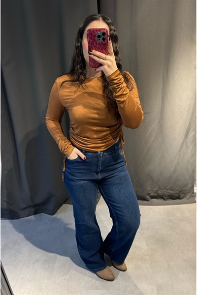 Kahverengi Büzgülü Slim Fit Bluz