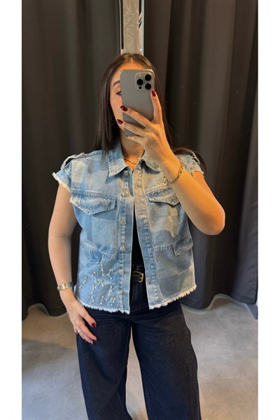 Taş Ve Apoletli Denim Yelek Açık Mavi
