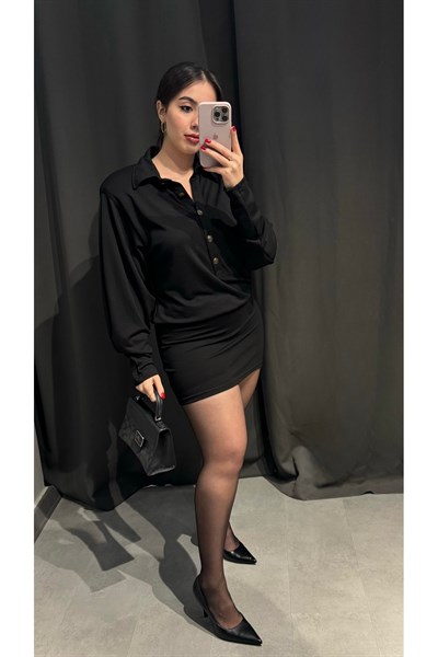 Vatkalı Gold Düğmeli Mini Elbise