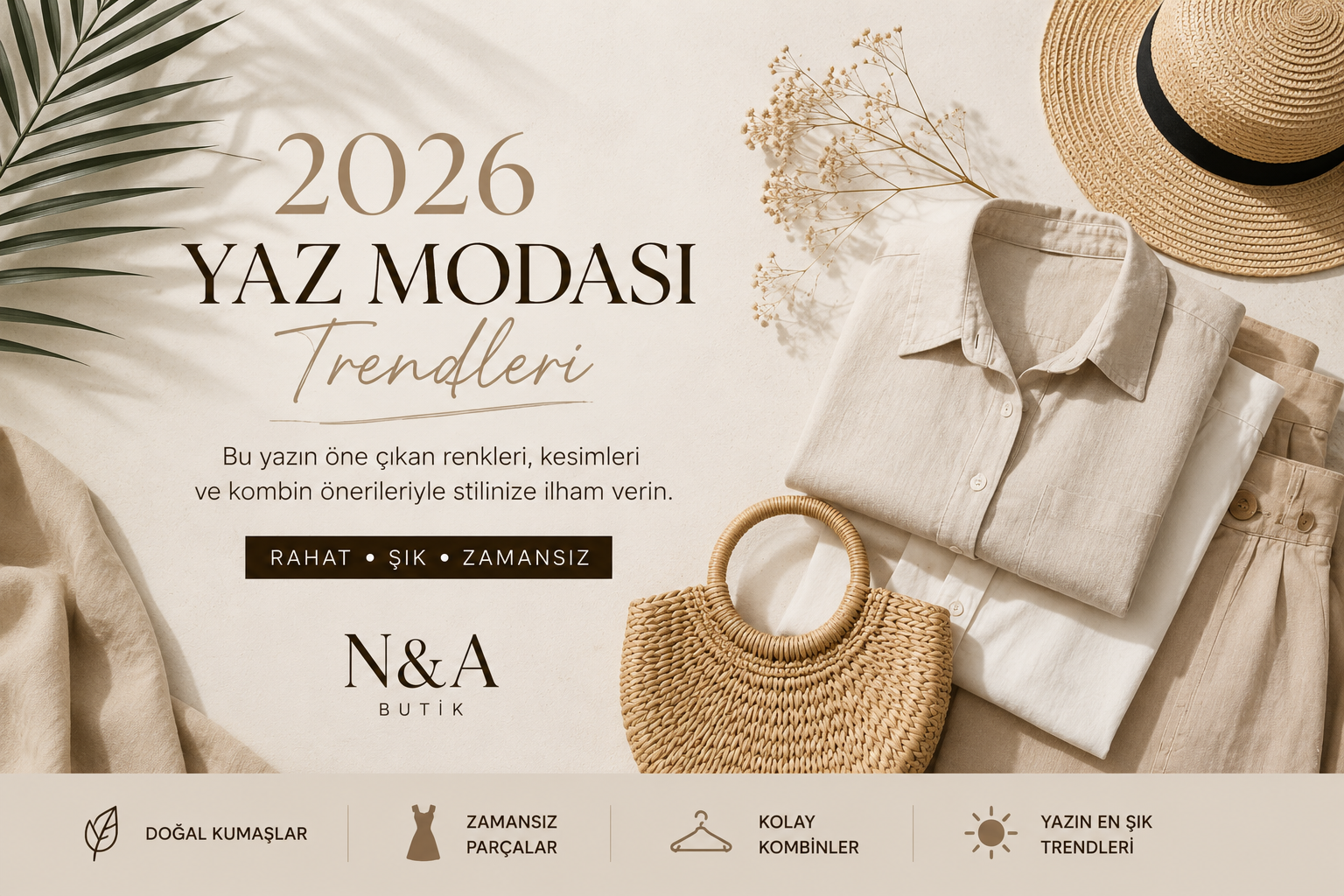 2026 yaz modası trendlerini anlatan kadın giyim blog kapağı. Keten kumaşlar,doğal tonlar ve yaz kombinleri.