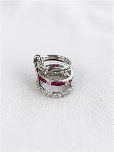 Bordo Taşlı Dörtlü Spiral Silver Yüzük
