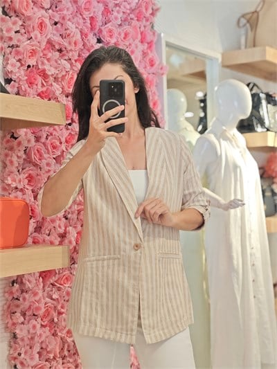 Kendinden Çizgili Blazer Ceket Bej