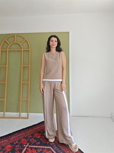 Muslin Şeritli Takım Vizon
