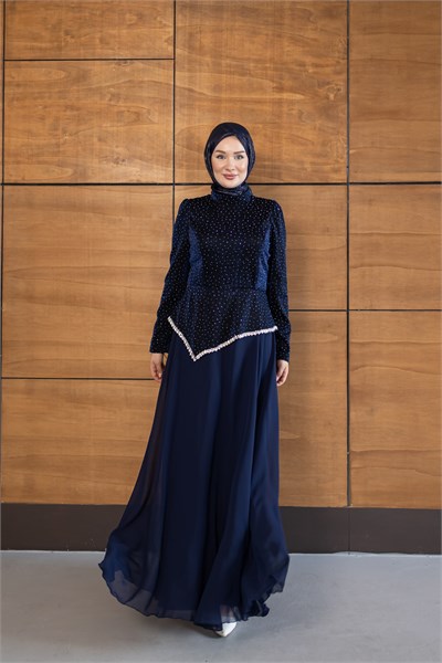 Kadife Şifon Etekli Model | Lacivert