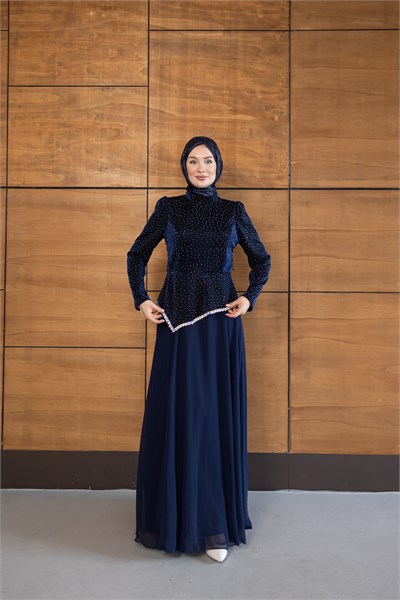 Kadife Şifon Etekli Model | Lacivert