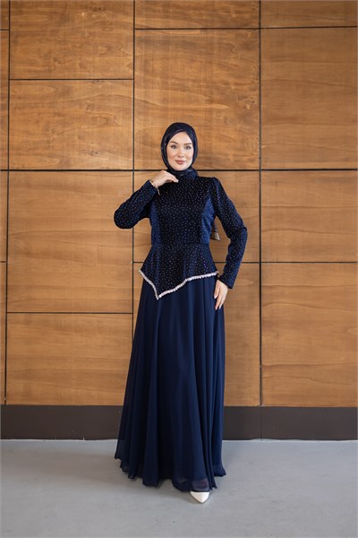 Kadife Şifon Etekli Model | Lacivert