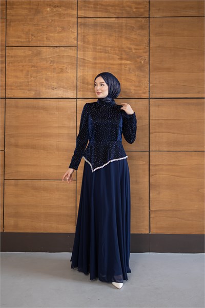 Kadife Şifon Etekli Model | Lacivert