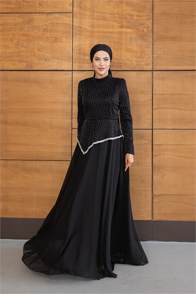 Kadife Şifon Etekli Model | Siyah