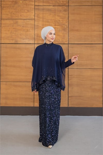 Pelerinli Payet Elbise | Lacivert