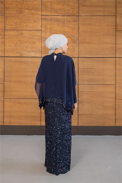 Pelerinli Payet Elbise | Lacivert
