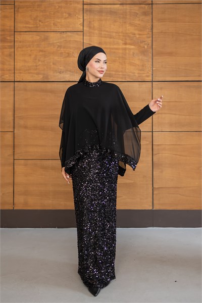 Pelerinli Payet Elbise | Siyah