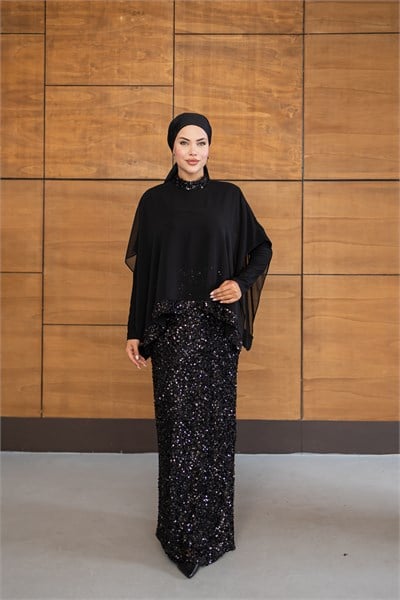 Pelerinli Payet Elbise | Siyah
