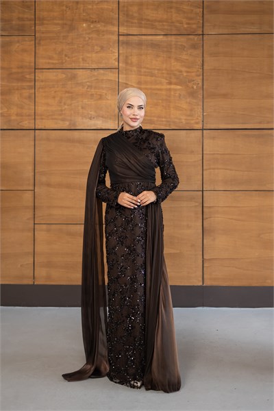 Ravza Payetli Model Abiye | Kahverengi
