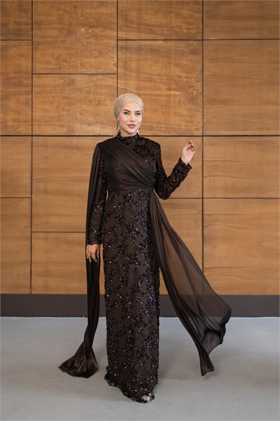 Ravza Payetli Model Abiye | Kahverengi