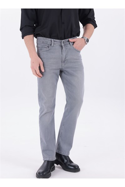 Erkek Gri Regular Fit Düz Paça Esnek Denim Kot Pantolon Günlük