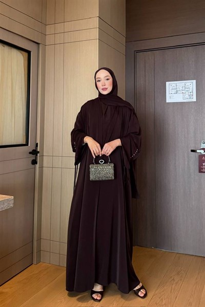 Kol Büzgü Detaylı Abaya (Şal dahildir) - Kahverengi