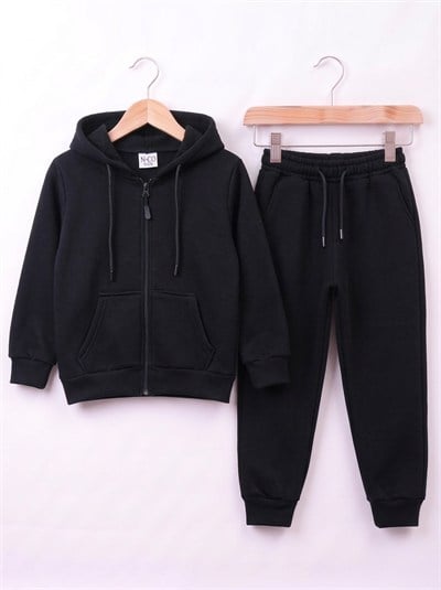 4692 Kapüşonlu Fermuarlı 3 İp Polar Unisex Takım SİYAH