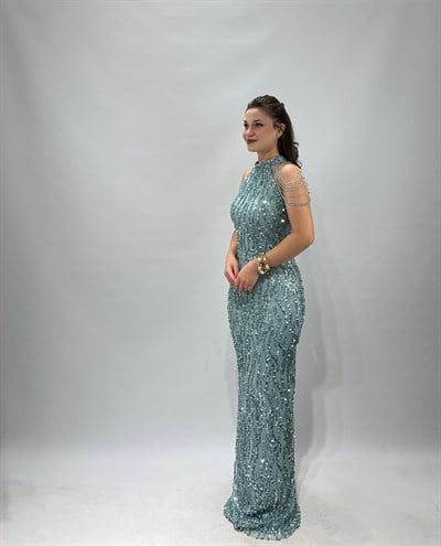 Mint Yeşili Halter Yaka Kolları Boncuk Elbise
