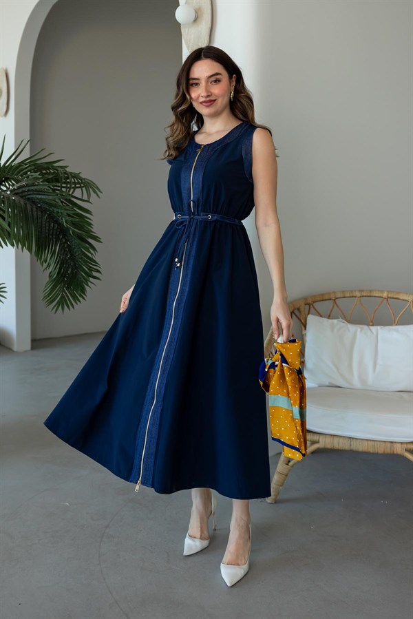 Denim Detaylı Elbise - LACİVERT