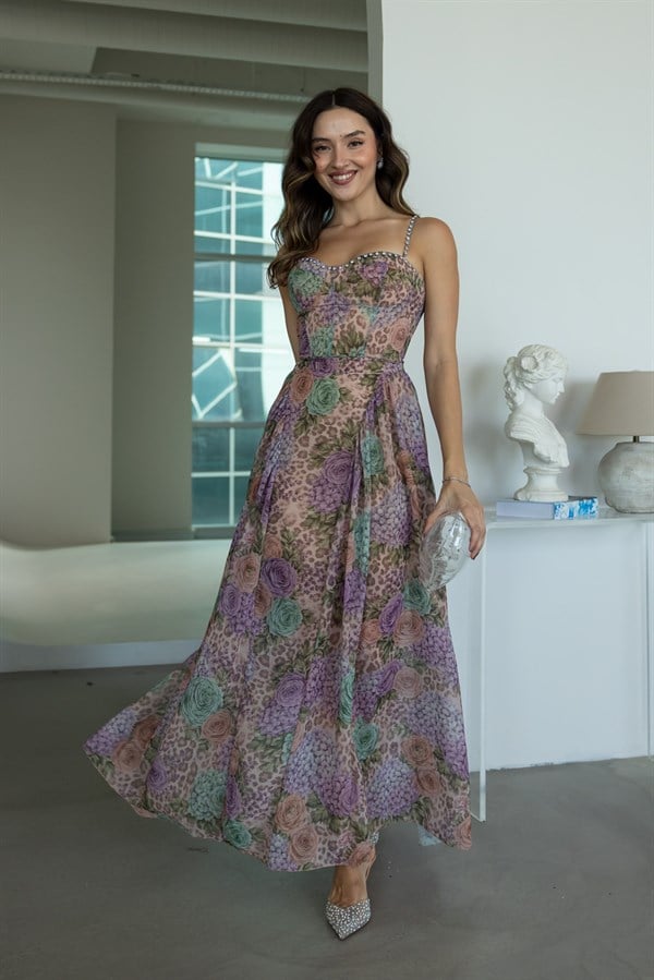 Desenli Maxi Elbise - LİLA