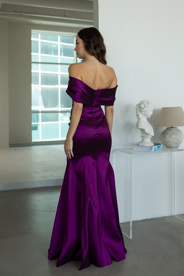 Drape Detaylı Asimetrik Yaka Abiye - MÜRDÜM