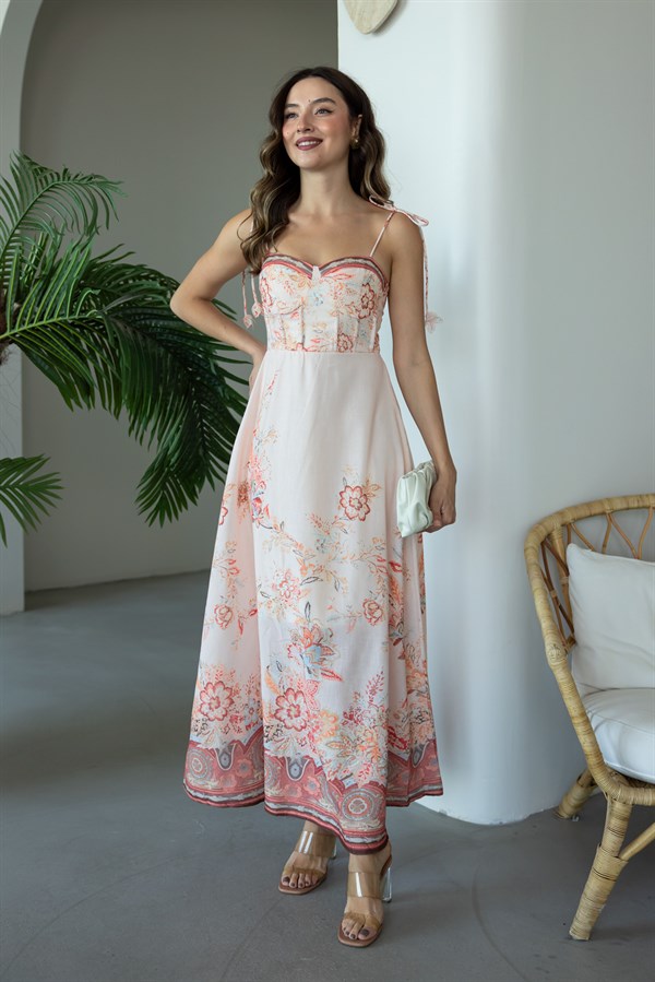 Floral Desenli Kuşaklı Elbise - TURUNCU