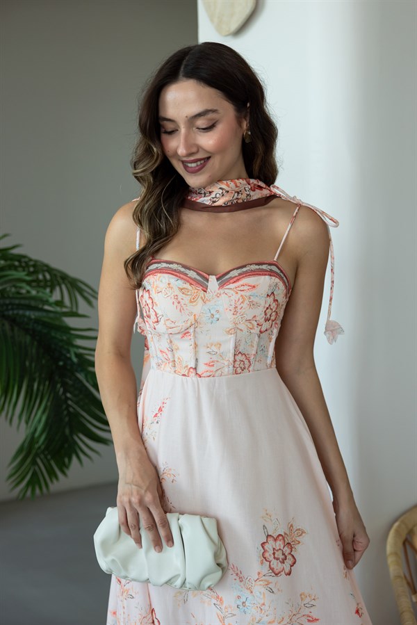 Floral Desenli Kuşaklı Elbise - TURUNCU