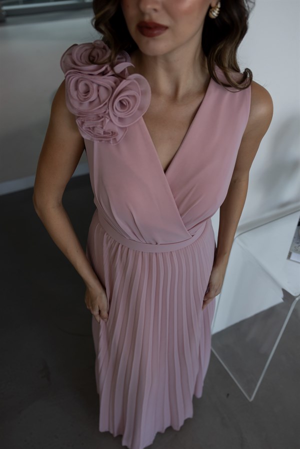 Gül Broşlu Piliseli Abiye - PEMBE