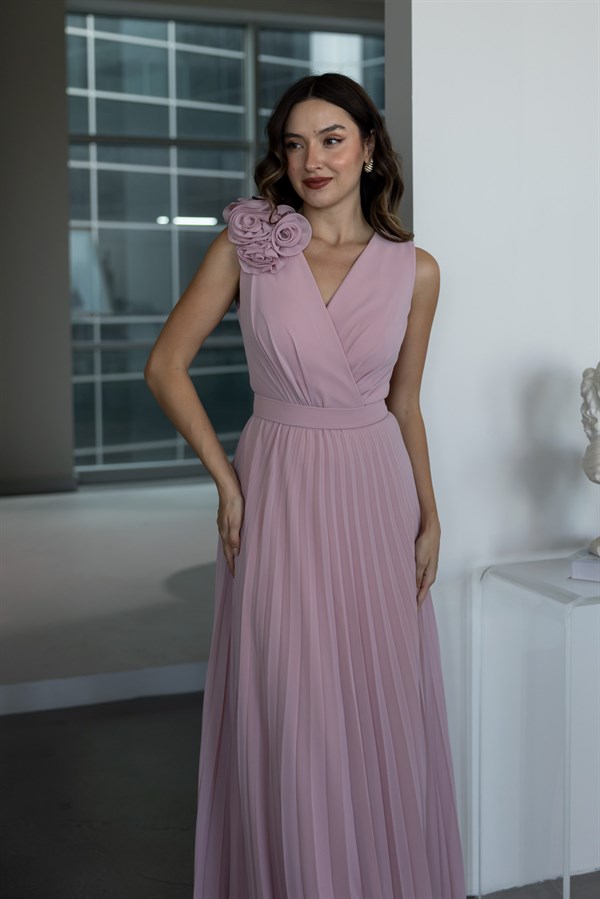 Gül Broşlu Piliseli Abiye - PEMBE