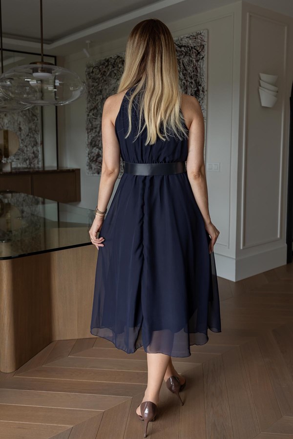 Halter Yaka Kemerli Elbise - LACİVERT