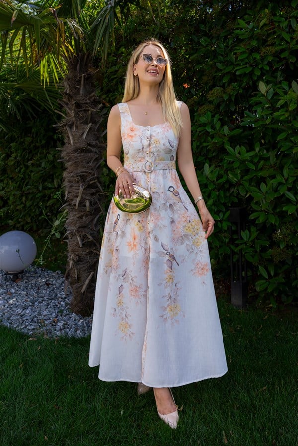 Kalın Askı Etnik Desen Elbise - KREM