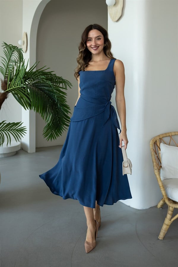 Kare Yaka Modal Elbise - İNDİGO