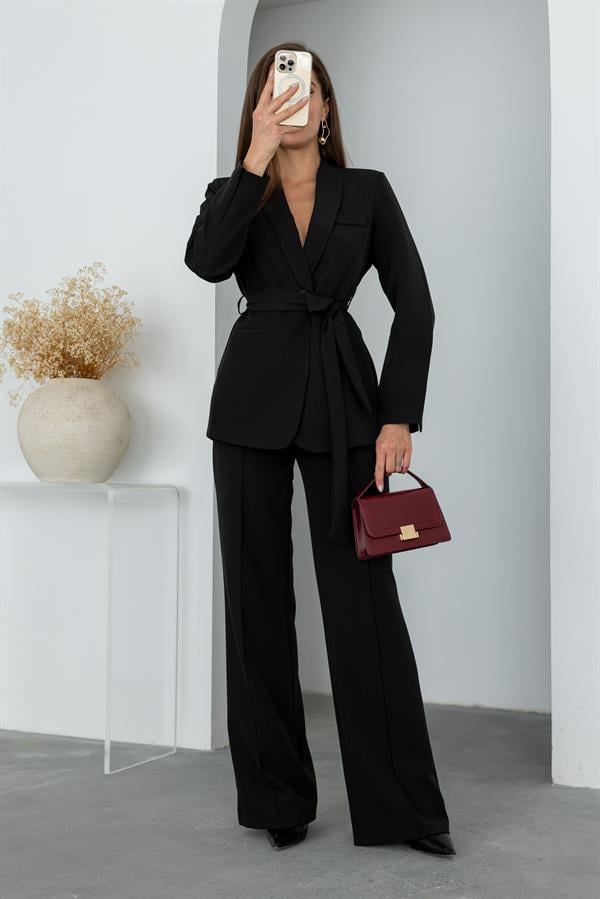 Belted Blazer Set - Black