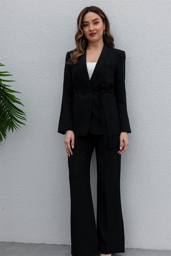 Belted Blazer Set - Black