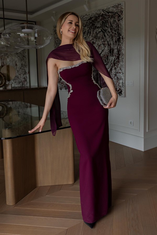 Taş Detaylı Straplez Abiye - BORDO